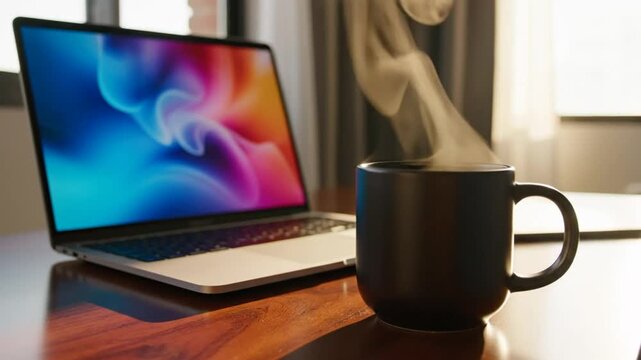 Morning Routine: Steaming Coffee and Laptop on Wooden Table in Bright Sunlight