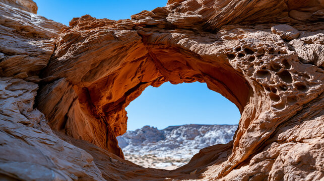 Desert sandstone arch eroded by millennia of wind abrasion, Entrada sandstone formation with surface pitting and ventifact texture, natural geological monument against cloudless sky, arid landscape 