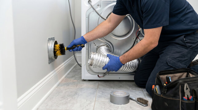Professional service technician in blue uniform and gloves cleaning a wall dryer vent with a brush tool and disconnecting the foil exhaust hose pipe in a laundry room