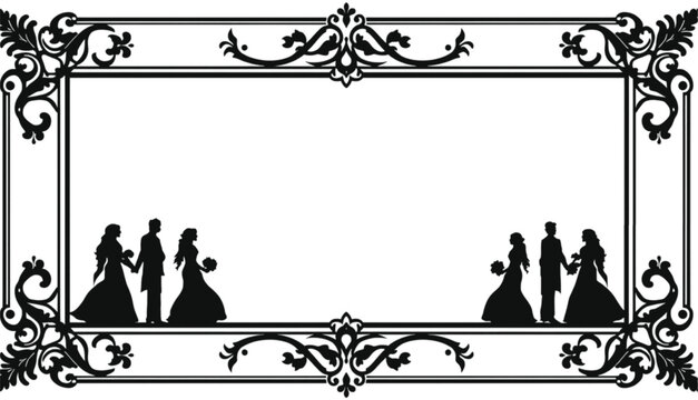 Wedding frame features an elegant black border with silhouettes of couples at the opposite ends.