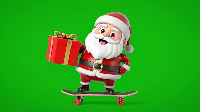 Cheerful Cartoon Santa Claus on Skateboard Holding a Gift Against a Green Chroma Key Background for Holiday and Marketing Use