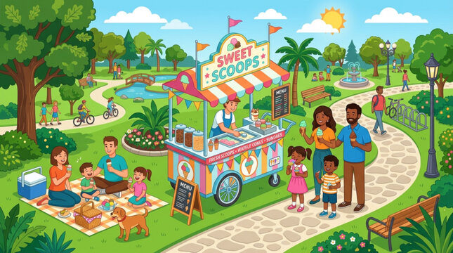 Family enjoying picnic and buying ice cream from colorful cart in sunny park with trees and pond