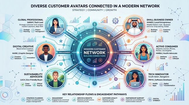 Diverse customer avatars connected in modern network for business strategy and growth