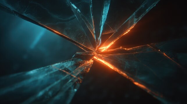 Stunning Close-up of Shattered Glass with Dynamic Light and Textures Highlighting Reflection and Refraction Effects