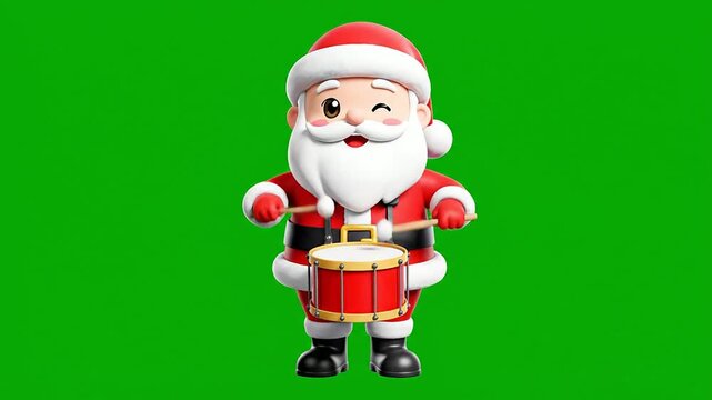 Cheerful Cartoon Santa Claus Playing Drum on Green Screen Background for Holiday Themes and Festive Animations