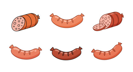 Obraz premium Cartoon illustration of sausages and meat products, suitable for food, snack, cooking, brunch, barbecue, protein, meal, culinary, dinner, breakfast, meat, bakery