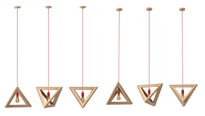 Creative scandinavian style hanging ceiling fixtures featuring a hollow triangular pyramid oak wood frame with a vibrant red socket accent and retro edison bulb. © Tohid Hashemkhani