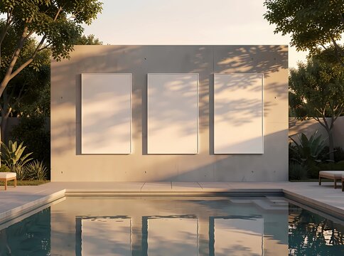 Three blank white posters on a wall beside a swimming pool at sunset, casting soft reflections on the water.
