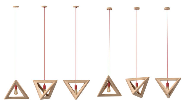 Creative scandinavian style hanging ceiling fixtures featuring a hollow triangular pyramid oak wood frame with a vibrant red socket accent and retro edison bulb.
