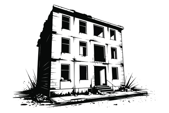 Abandoned building illustration vector. Black and white ink sketch of old run-down apartment house.