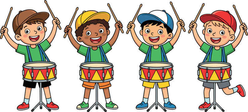 Cute Diverse Cartoon Boys Playing Snare Drums Set, Little Multicultural Kids Character Collection Holding Drumsticks for Marching Band, Musical Parade, and Education Vector Illustration
