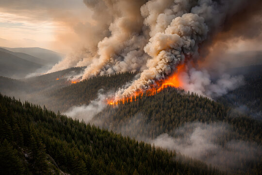 Dramatic aerial view of an intense wildfire burning through pine forest on mountain slopes