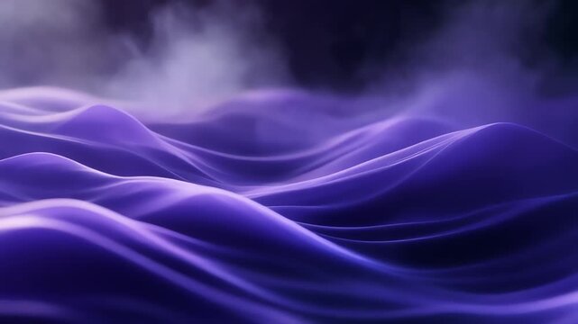 A digital composition of flowing violet ribbons gliding across a dark, misty background. Smooth curves twist and intersect, creating depth, motion, and ethereal energy in an abstract light and shade