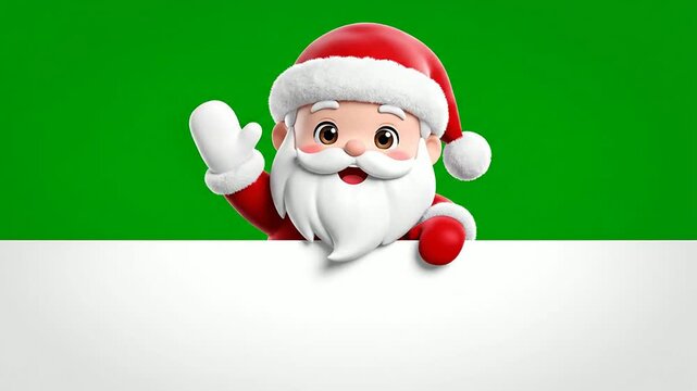 Cheerful Cartoon Santa Claus Waving From Behind Blank Panel On Vibrant Green Background For Holiday Marketing And Christmas Promotions