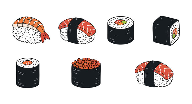 Collection of cartoon sushi pieces including nigiri, maki rolls, and salmon sashimi, perfect for food, cuisine, or Asian restaurant marketing projects