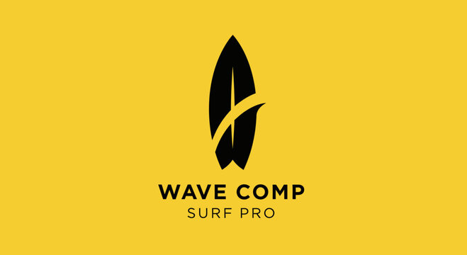 Minimalist Surfboard Logo Design With Typography Displayed On A Vibrant Yellow Background