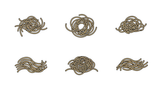 Illustration of tangled spaghetti pasta in various piles, vector line art design with detailed details, suitable for food, cooking, recipe, or culinary themes.