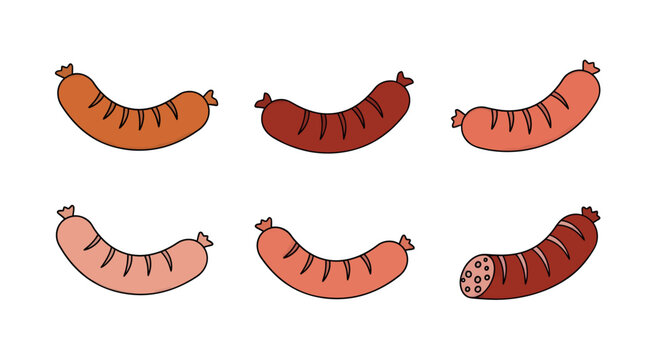 Colorful cartoon sausages arranged in a pattern, illustration for food, breakfast, meat, BBQ, cuisine, protein, cooking, meatlover, snack, delicacy, charcuterie, tasty, healthy, meal, kitchen