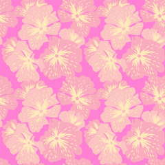 Fototapeta premium Seamless tropical floral pattern with stylized hibiscus flowers in peach and cream on vibrant pink background. Bright feminine repeat ideal for textiles, packaging, wallpaper and summer designs
