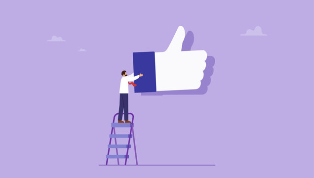 Businessman climbing ladder to put thumb up sign. Appreciation, good work and success concept.