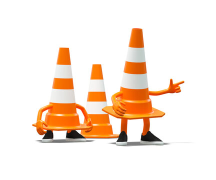 Three funny 3D traffic cone characters isolated on a white background