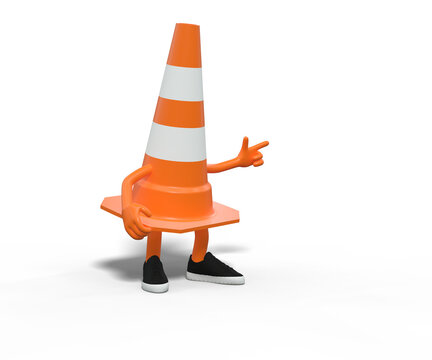 Funny 3D traffic cone character pointing isolated on white background - 3D rendering