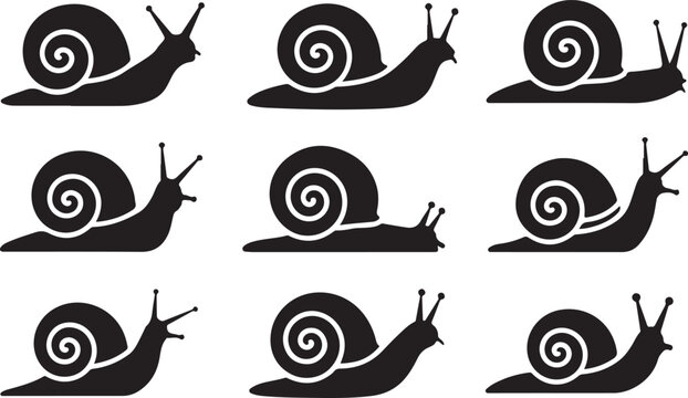 Nine black snails moving in a row