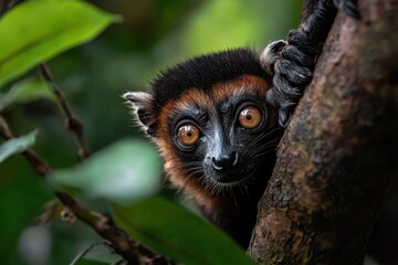 Naklejka premium Curious lemur peeking from tree in tropical forest, alert wildlife portrait with bright eye and lush green leaf background