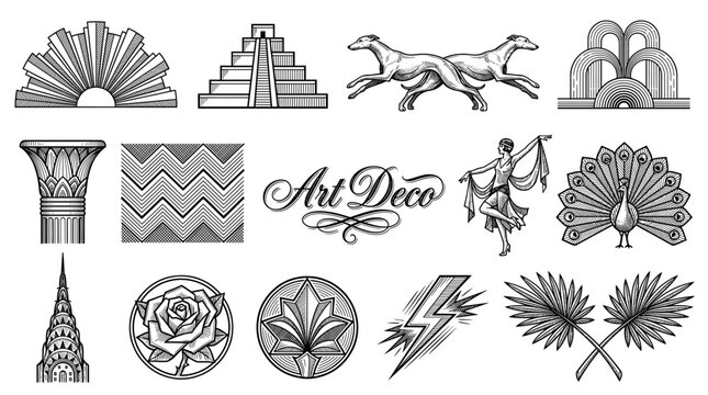 Collection of Art Deco Design Elements and Icons in Vintage Engraving Style with Sunburst, Greyhound, Flapper, Skyscraper and Geometric Ornaments