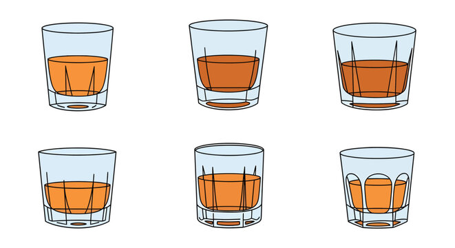 Stylized illustration of whiskey glasses with ice cubes, various perspectives, cute vector design, suitable for bar, cocktail, alcohol, beverage, celebration, party, refreshment, liquor, drinking