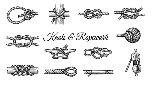 Vintage Hand-Drawn Nautical Knots and Ropework Collection featuring Bowline, Clove Hitch, Monkey Fist and More Vector Illustrations