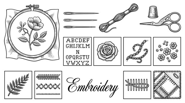 Vintage Embroidery Tools and Needlework Elements Vector Illustration Set featuring Hoops, Needles, Scissors, and Decorative Stitching Patterns