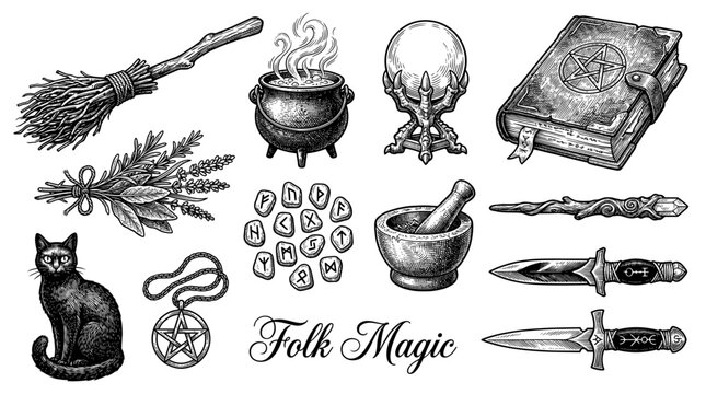Vintage Witchcraft and Folk Magic Collection: Hand-Drawn Vector Illustration Set of Occult Objects including Grimoire, Cauldron, Black Cat, Crystal Ball, Runes, and Ritual Tools