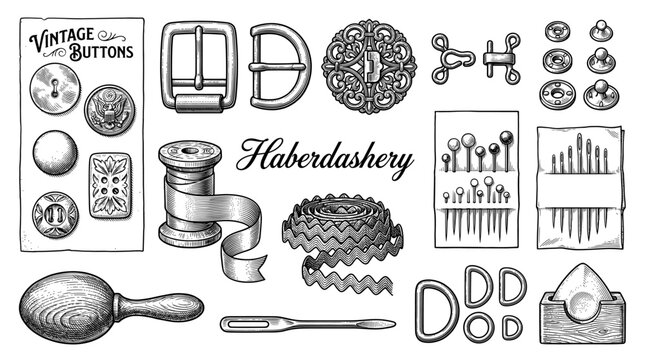 Vintage Haberdashery and Sewing Accessories Collection Vector Illustration. Hand-Drawn Engraved Style Buttons, Buckles, Needles, Pins, Thread, and Ribbons for Tailoring and Crafting Projects.
