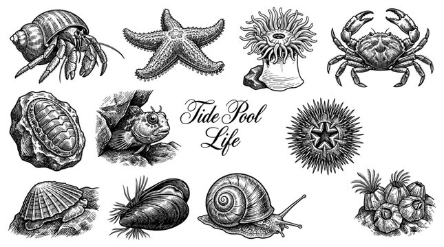 Detailed Vintage Engraving Illustration of Tide Pool Life Featuring Hermit Crab Starfish Sea Anemone Crab and Shells