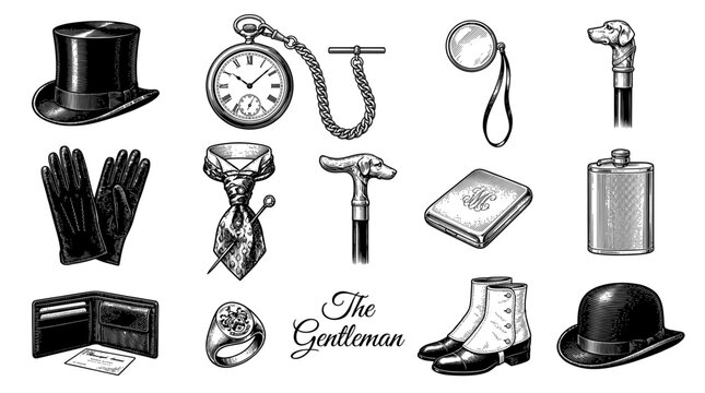 Vintage Victorian Gentleman's Accessories Set with Top Hat, Pocket Watch, and Walking Cane, Engraving Style Vector Illustration