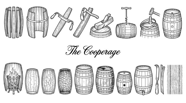 Vintage Cooperage and Barrel Making Vector Set: Traditional Craft Tools, Stages of Production, and Types of Oak Barrels for Wine, Bourbon and Beer