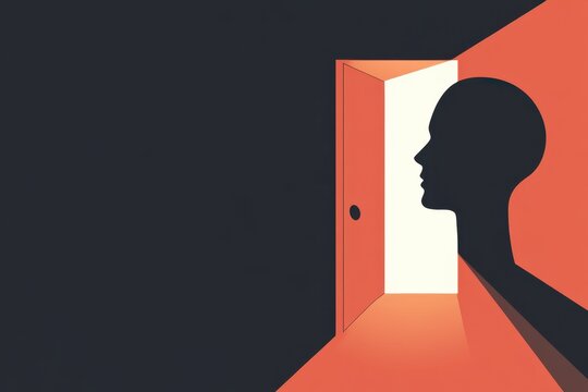 Silhouette head open door shadow light dark profile human face entrance interior mystery identity self concept illustration minimal geometric orange black white doorway room corridor wall floor