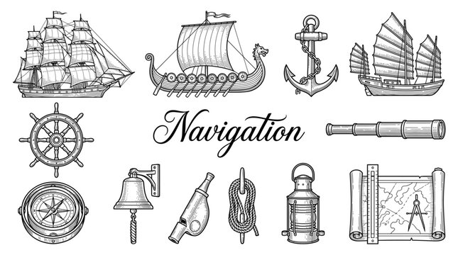 Vintage nautical navigation set with sailing ships, anchor, compass, and maritime equipment. Hand-drawn engraved vector illustration of sea exploration symbols and antique ship icons.
