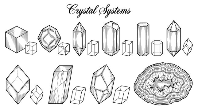 Hand Drawn Crystal Systems and Mineral Structures Set with Geode Slice, Vector Engraving Illustration of Gemstone Geometry and Lattice Shapes