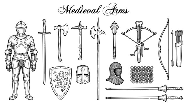 Medieval Arms and Armor Collection Vector Illustration: Knight Plate Suit, Sword, Shield, Axe, Bow, Crossbow, and Polearm Engraving Style Line Art Set for History and Gaming Design
