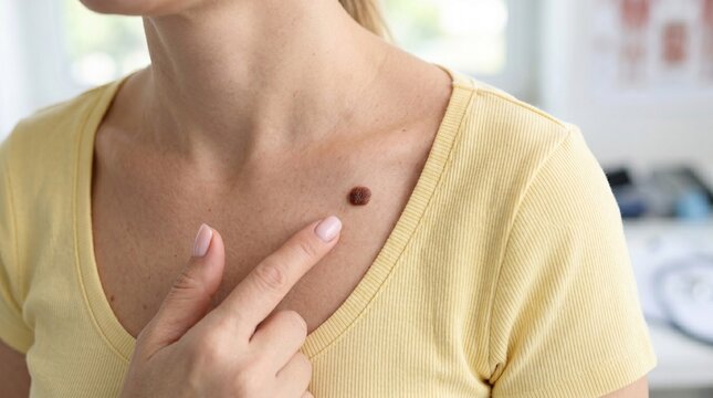 Dermatology patient pointing to mole on chest, skin cancer screening and mole checkup, woman examining pigmented nevus for melanoma