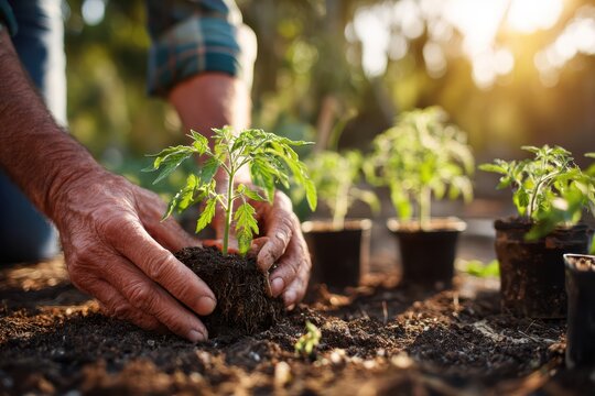 Agricultural worker planting young seedlings from pots. Farming scene early morning farm activity. Farmer transplants tomato sprout with gloved muddy hands, pressing soil. Urban community eco garden.