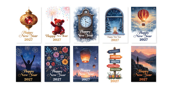 Set of happy new year 2027 greeting card illustrations with festive holiday icons like lanterns teddy bears clocks hot air balloons flowers and silhouettes