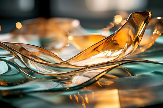 Translucent glass wave abstract wave amber glass teal surface flowing glass light reflection smooth curve transparent material layered shape glowing light