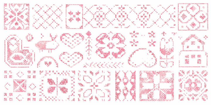 pink cross stitch pattern with floral and geometric motifs on a white background high quality