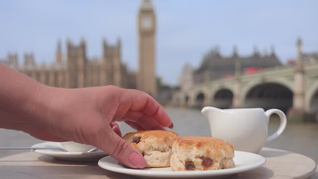 Hand picking up an English scone from a saucer with a tea cup beside it. River Thames embankment opposite Big Ben