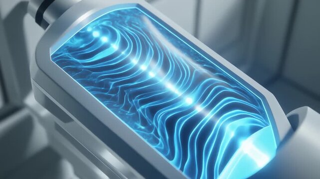 A futuristic laboratory device glows with a blue core housed in a sleek metallic frame A translucent panel shows swirling light patterns while smooth edges and precise controls imply advanced science
