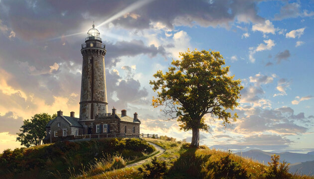 Lighthouse atop hill illuminated sunlight