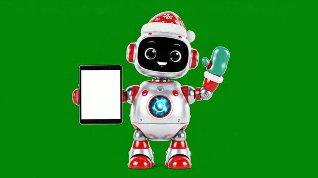 Cheerful Christmas Robot with Santa Hat Holding a Tablet Against Green Background for Holiday Promotions and Marketing